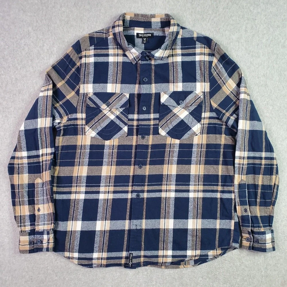 True Religion Shirt Mens Large Blue Plaid Flannel Button Up Long Sleeve Casual